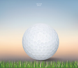 Golf ball on green grass field with sunset sky background. Abstract background for golf sport presentation. Vector.