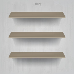 Wooden shelf on vintage concrete wall background. Vector.