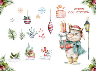 Happy Chinese new year set for greeting card. 2021 zodiac. Cute cow with gift box. Animal holidays cartoon character. Hand drawn watercolor illustration isolated on white background