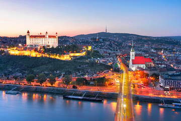 Bratislava castle over Danube river and Bratislava old town, Slovakia