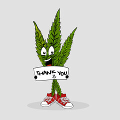 Cannabis Character design holding card with text thank you. Hand drawn text Thank you on illustration in kids doodle style. Picture with vector funny fruits and placard