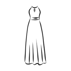 women's dresses. Hand drawn vector illustration. Black outline drawing isolated on white background women's dress, vector sketch illustration