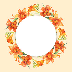 Watercolor greeting card with lily, invitation or wedding, birthday and other holiday. summer background. illustration.