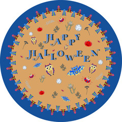 Halloween themed card with the owls and wolves on the beige background