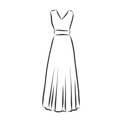 women's dresses. Hand drawn vector illustration. Black outline drawing isolated on white background women's dress, vector sketch illustration