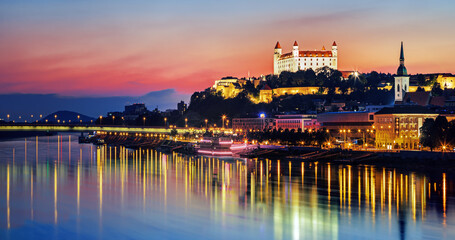 Bratislava castle over Danube river and Bratislava old town, Slovakia