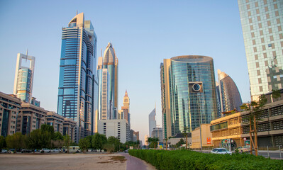 Dubai Financial Center road. Landmarks such Jumeirah Emirates towers, Ritz Carlton, Park towers, DIFC on the picture.