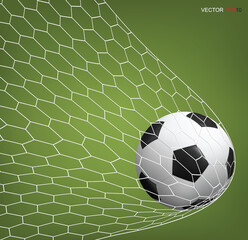 Soccer football ball in goal and white net. Vector.