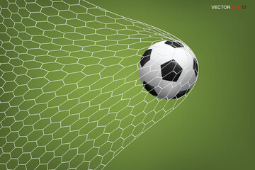 Soccer football ball in goal and white net. Vector.