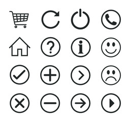 Web application interface icon collection. Vector symbol set. home, shopping cart,  power and info button sign. question, happy, sad and checkmark logo. Isolated on white background.