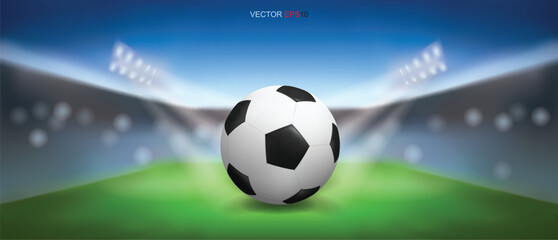 Soccer football ball on green grass of soccer field stadium background. Vector.