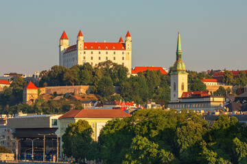 Bratislava castle over Danube river and Bratislava old town, Slovakia