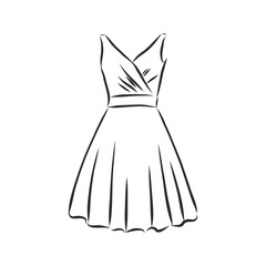 women's dresses. Hand drawn vector illustration. Black outline drawing isolated on white background women's dress, vector sketch illustration