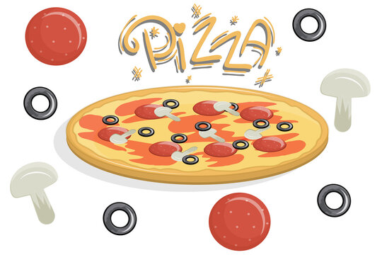 Pizza of hand-drawn calligraphy. Pizza with mushrooms, salami sausage and olives isolated on a white background. Vector illustration in cartoon flat style.