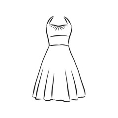 women's dresses. Hand drawn vector illustration. Black outline drawing isolated on white background women's dress, vector sketch illustration