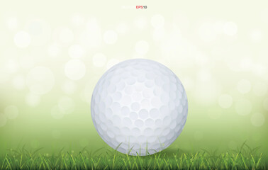 White golf ball in green grass field and light blurred bokeh background. Vector.