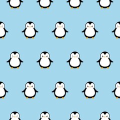 Cute Penguin Cartoon Seamless Pattern on Blue Background, Christmas Vector illustration