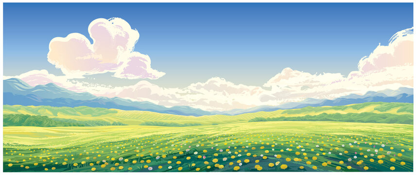 Summer rural landscape with blooming glade with dandelions in the foreground.