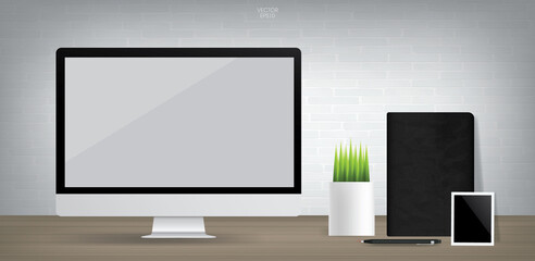 Empty computer display in working area space. Business background for interior design and decoration. Vector.