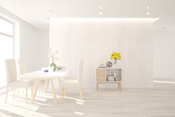 White stylish minimalist kitchen. Scandinavian interior design. 3D illustration