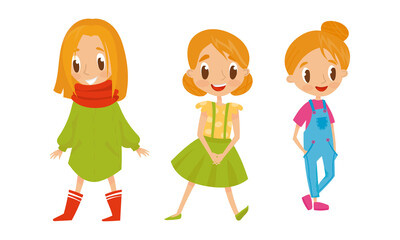 Cute Girls in Casual Clothing Standing and Posing Vector Set