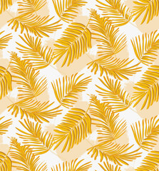 Yellow seamless palm pattern, fabric interior design. Modern leaves texture. Tropical wallpaper wild garden pattern