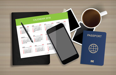 Background for traveler template with smartphone, passport, coffee and calendar on wood. Vector.