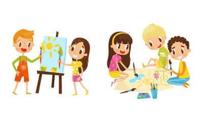 Kids Drawing with Paints and Hair-pencil Vector Set