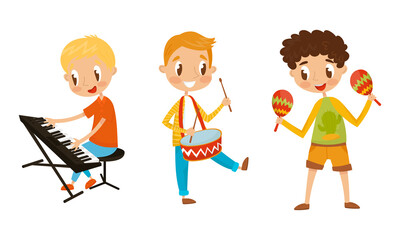 Fototapeta na wymiar Little Boy Characters Playing Drum and Maraca Vector Illustration Set