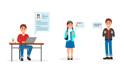 Young Man Completing Profile on Dating Site and Chatting with Woman Vector Illustration Set