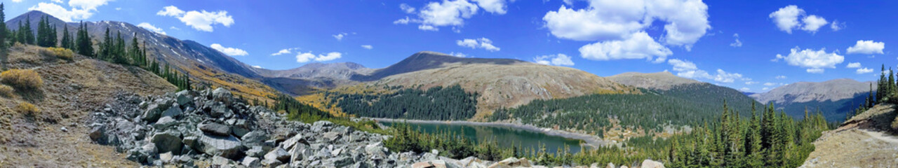 Pristine lake in the middle of the rocky mountains - 3 monitor wallpaper - 5760x1080