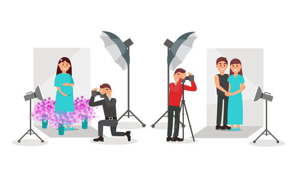 Male Photographer with Camera Taking Photo of Pregnant Woman and Her Husband Vector Illustration Set