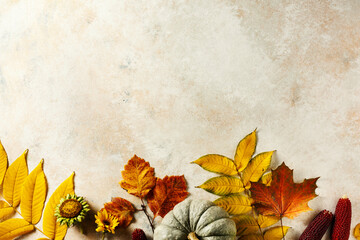 Naklejka na ściany i meble Autumn background with pumpkin and colorful leaves