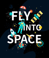 Fly into space - colorful flat design style illustration