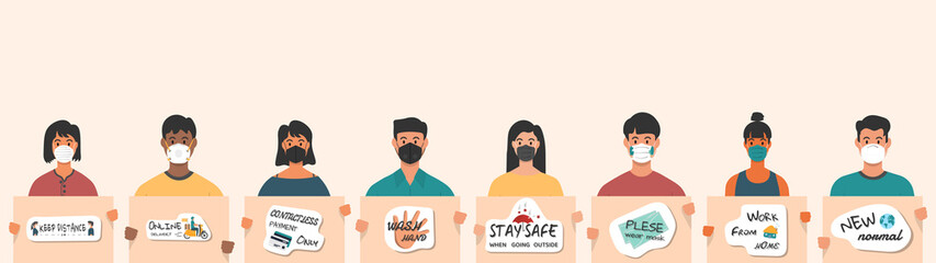 A group of people wearing masks to prevent disease carries a campaign banner. Protective mask Buy online, wash your hands, order online Work at home spaced out coronavirus vector illustration flat sty