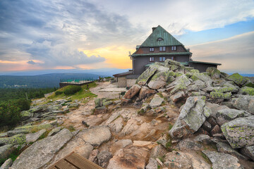 Szrenica mountain shelter (1362 m above sea level) during sunset, Szklarska Poreba, Poland, Europe.