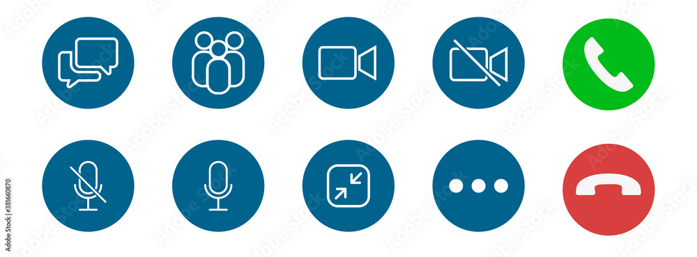 Poster Set of Video call icons. Video conference. Collections buttons of on-line video chat app, internet talk, call technology. Web app ui display template. Videoconferencing and online meeting workspace