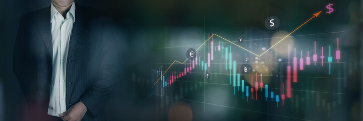 Businessman in suit with hologram financial graph, Financial banner