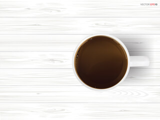 Coffee cup on white wood texture background. Vector.