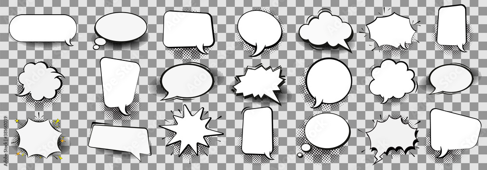 Aufkleber Retro empty comic bubbles and elements set with black halftone shadows on transparent background. Vector illustration, vintage design, pop art style.