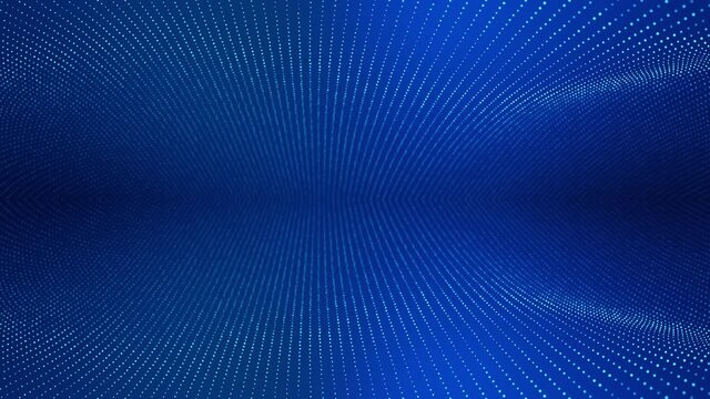 Sci-fi background with waves of particles . 4k loop abstract blue background of glow particles form curved lines, surfaces symmetrical mirror structures. Digital hologram background with particles