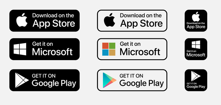 App store buttons set. Google Play Store logo.  AppStore logo. Apple  App Store button. Microsoft download app. Stock Vector