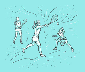 Women tennis players  with racquet on blue background. Girls playing tennis. Sketch vector color hand drawn Illustration. Sport concept.