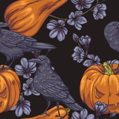 seamless pattern with crows, halloween pumpkins and dark flowers

