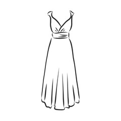women's dresses. Hand drawn vector illustration. Black outline drawing isolated on white background women's dress, vector sketch illustration