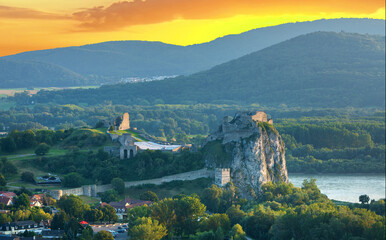View on Devin castle, ruins over Danube river, Bratislava, Slovakia