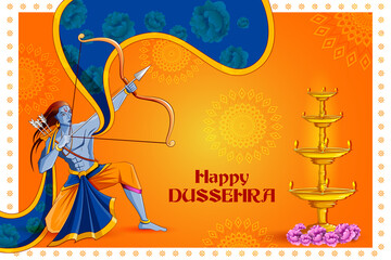 vector illustration of Lord Rama killing Ravana in Happy Navratri festival of India with Hindi word meaning Dussehra