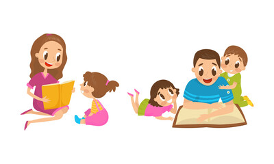 Mother and Father Reading Book to Their Kids Vector Illustration Set