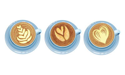 Cups on Saucer with Coffee Latte Crema Art Vector Set
