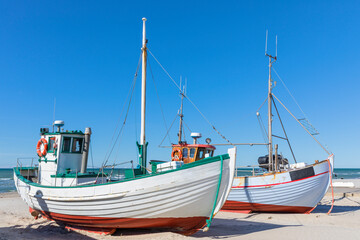 Naklejka na ściany i meble Fishing boats on the beach of Løkken, North Jutland, Denmark